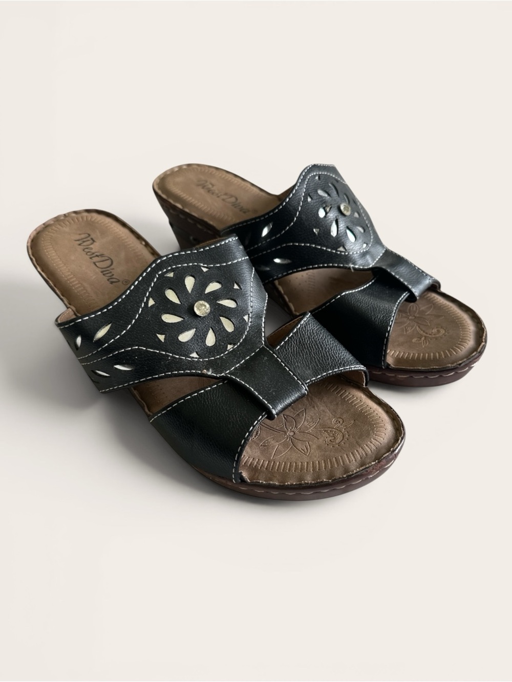 Wedge Slide Mules with Floral Cutouts - Black